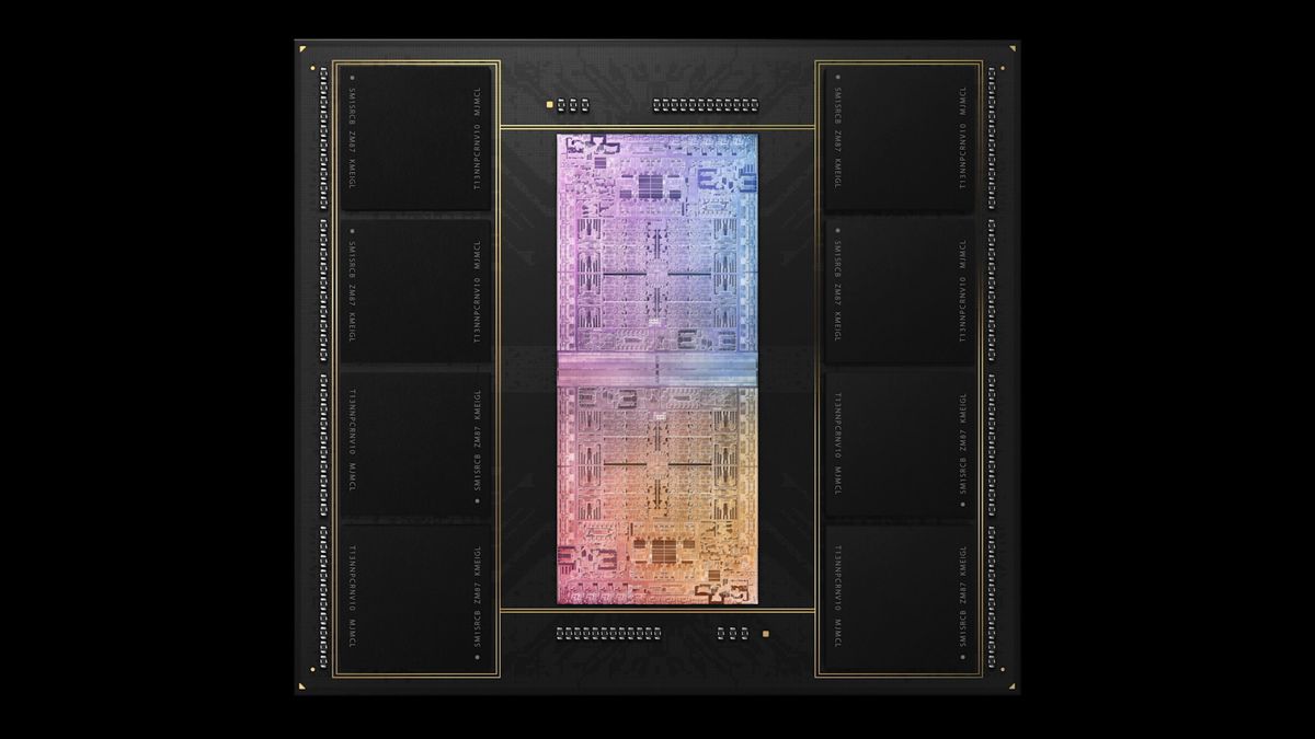 Un chip M1 Ultra de arcoíris resplandeciente, rodeado de módulos de memoria integrados