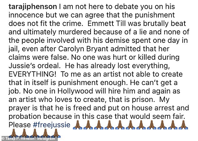 Al comentar en su publicación de Instagram, Hanson exigió que se revisara el caso de Smollett para que pudiera enfrentar una sentencia menor.  Sugerí que el actor imperial enfrentara arresto domiciliario en lugar de prisión