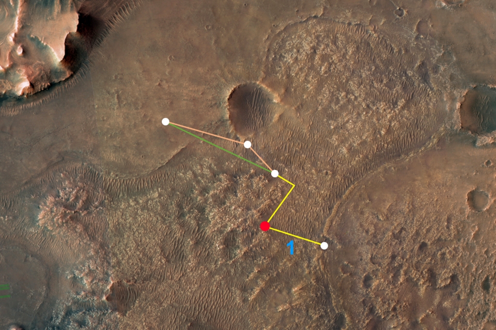 Esta imagen aérea anotada del Mars Exploration Orbiter (MRO) de la NASA muestra los múltiples vuelos, y dos rutas diferentes, el innovador helicóptero de Marte de la agencia podría llegar al delta del cráter Jezero.