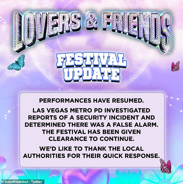 Después del espectáculo, los organizadores del Festival Lovers and Friends tuitearon que se permitió que el espectáculo continuara después de que el Departamento de Policía Metropolitana decidiera 
