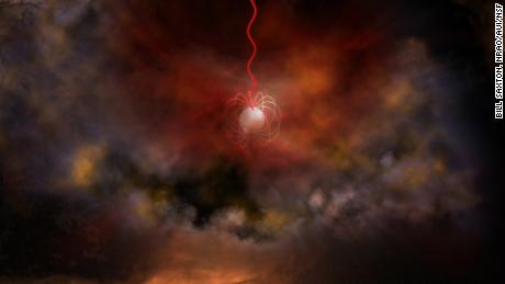 La ilustración del artista muestra una estrella de neutrones con un campo magnético ultrafuerte, llamado magnetar, que emite ondas de radio (en rojo). 