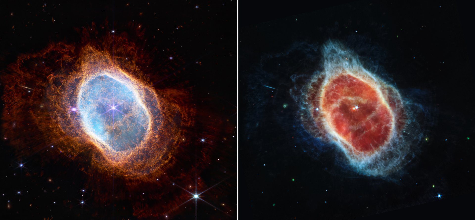 Imagen del telescopio James Webb de capas vivas de gas y polvo expulsadas al espacio por una estrella moribunda.
