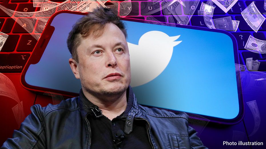 Elon Musk usa una chaqueta con un teléfono con el logo de Twitter detrás