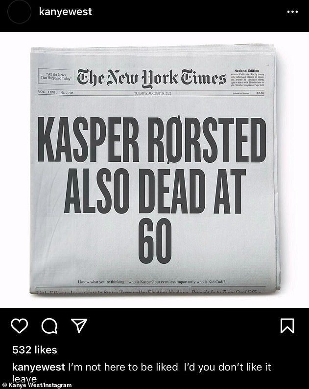 Ouch: En los últimos días, Kanye fingió que el CEO de Adidas, Kasper Rorsted, murió con una portada falsa en el New York Times, a pesar de que todavía está vivo.