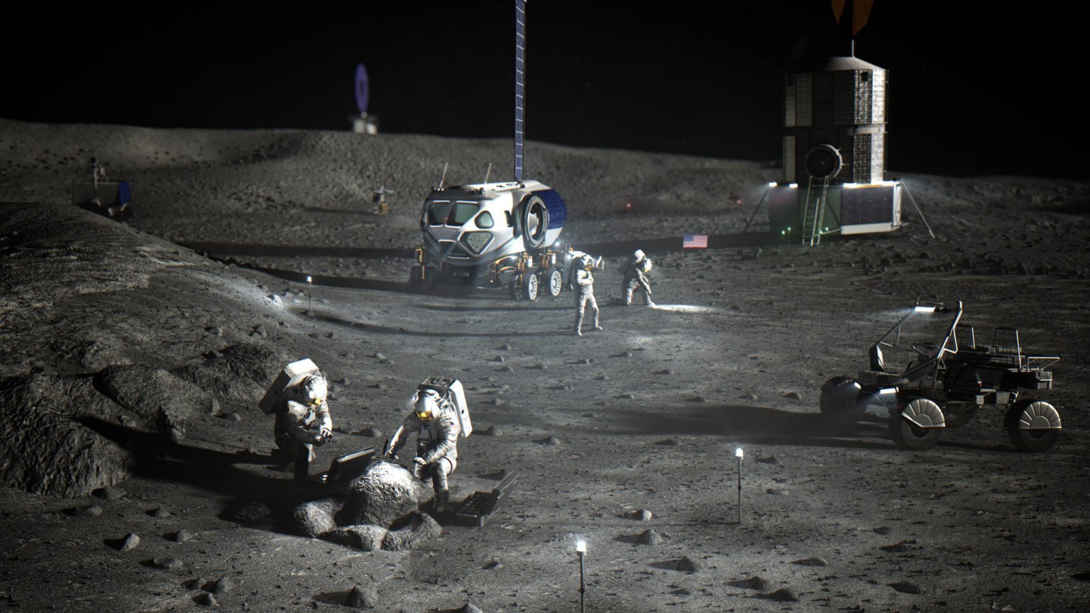 Representación artística de los astronautas de la NASA en el polo sur lunar realizando los primeros trabajos para establecer el campamento base Artemis.