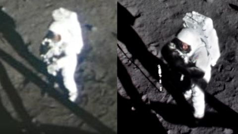 Imágenes originales de película de 16 mm producidas por la NASA de Armstrong en el techo (izquierda) y copia restaurada de Saunders (derecha).