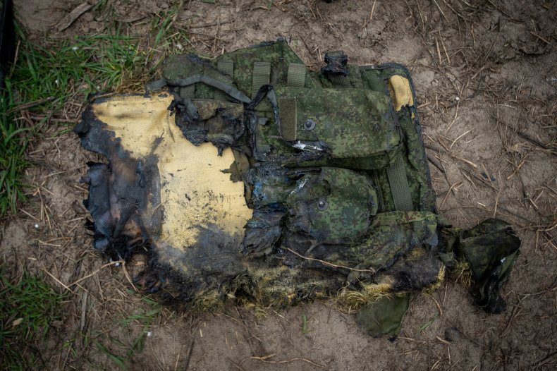 Chaqueta rusa quemada en Boca Kyiv, Ucrania